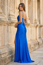 Royal Blue Spaghetti Straps Lace-Up Pleated Mermaid Gown - Curvevia