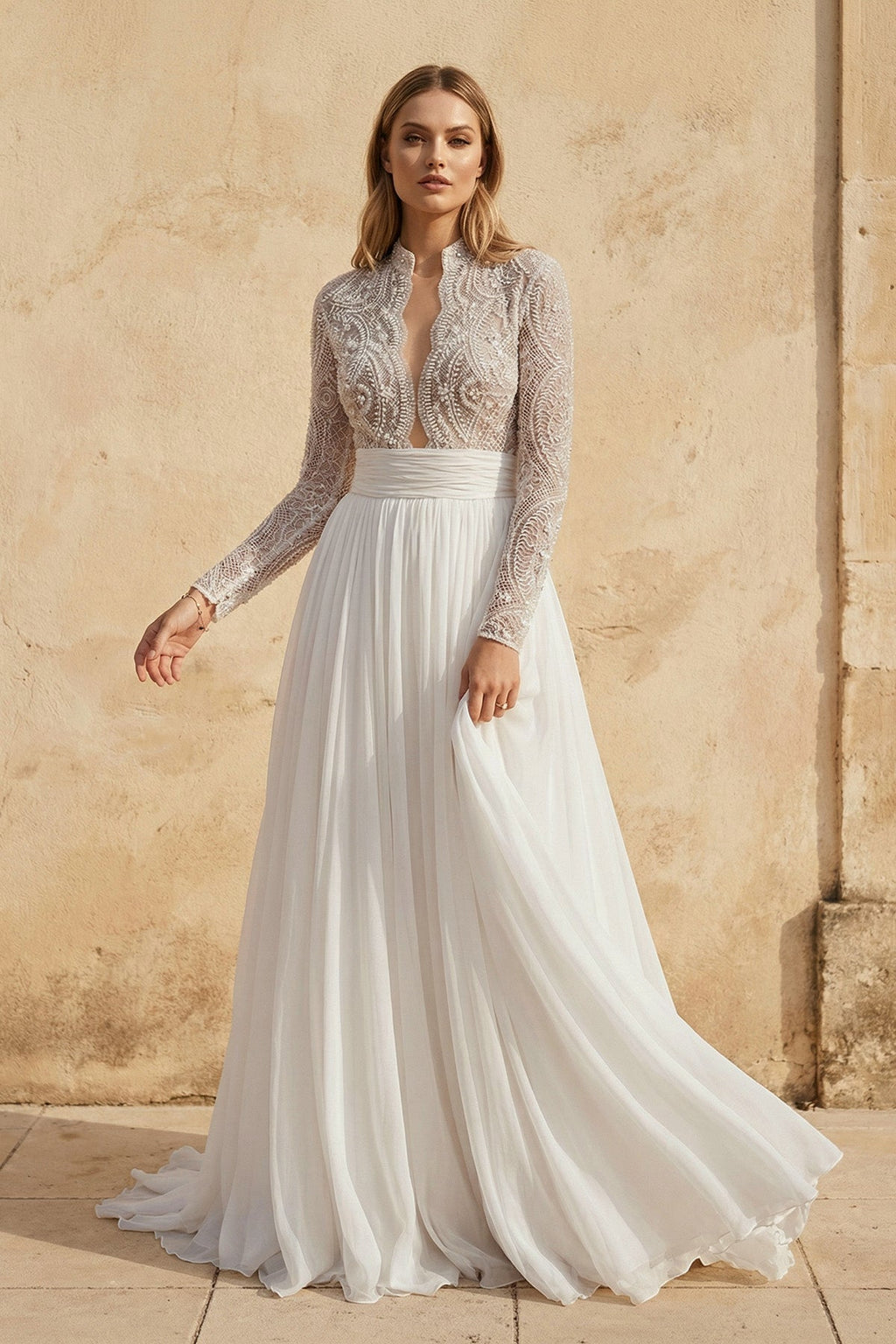Luxurious Lace Beading Long Sleeves A-Line Pleated Tulle Wedding Dresses - Curvevia