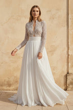 Luxurious Lace Beading Long Sleeves A-Line Pleated Tulle Wedding Dresses - Curvevia