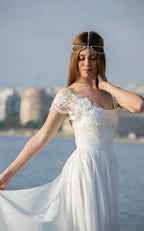 Scoop Cap Sleeves Backless Long Chiffon Lace Appliques Wedding Dress With Train - Curvevia