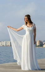 Scoop Cap Sleeves Backless Long Chiffon Lace Appliques Wedding Dress With Train - Curvevia