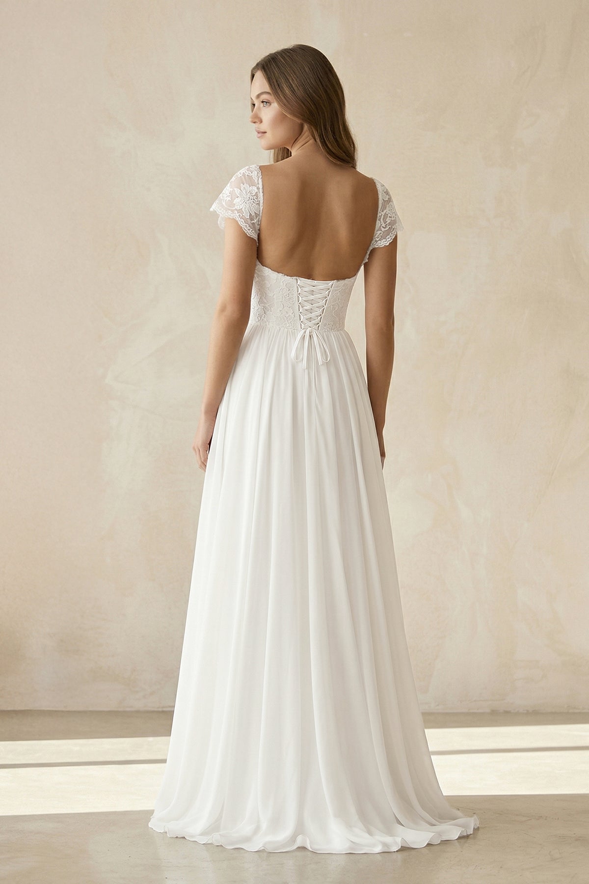 Scoop Cap Sleeves Backless Long Chiffon Lace Appliques Wedding Dress With Train - Curvevia