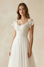 Scoop Cap Sleeves Backless Long Chiffon Lace Appliques Wedding Dress With Train - Curvevia