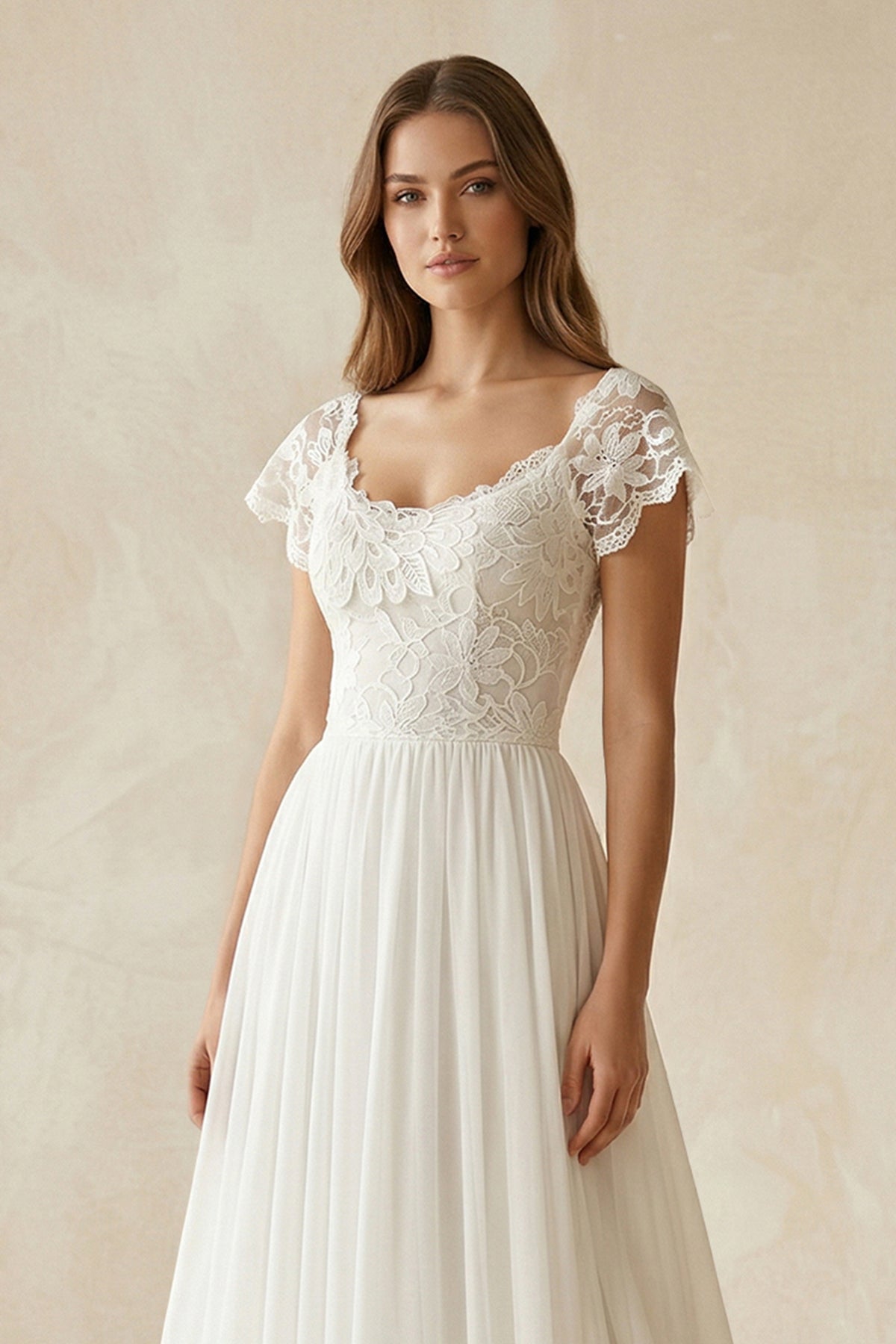 Scoop Cap Sleeves Backless Long Chiffon Lace Appliques Wedding Dress With Train - Curvevia