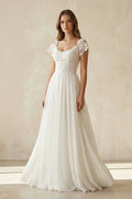 Scoop Cap Sleeves Backless Long Chiffon Lace Appliques Wedding Dress With Train - Curvevia