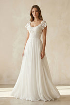 Scoop Cap Sleeves Backless Long Chiffon Lace Appliques Wedding Dress With Train - Curvevia