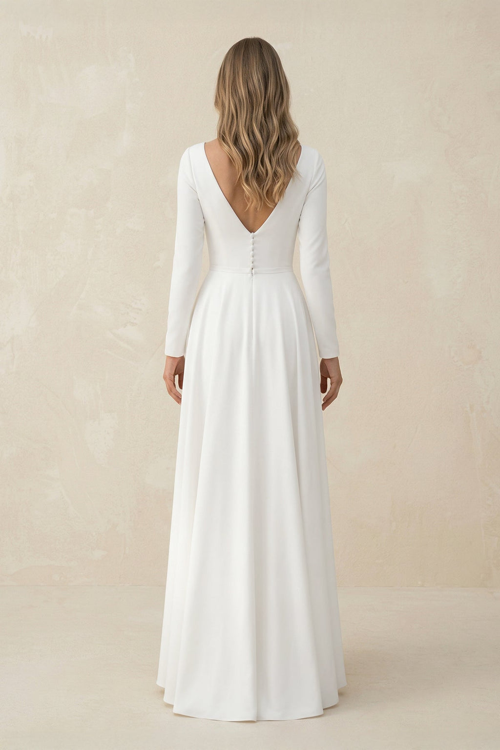 Long Sleeves A-Line Satin Open Back Wedding Dresses - Curvevia