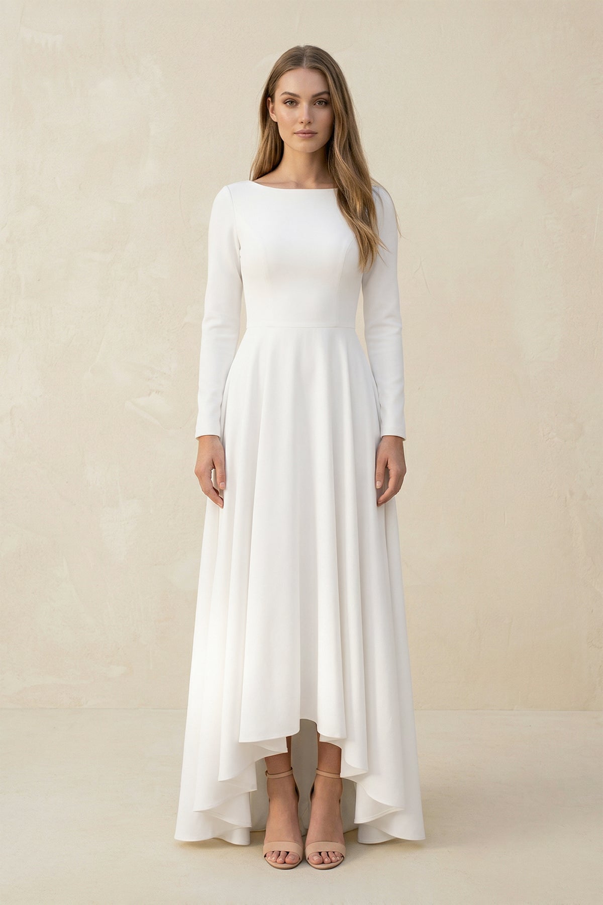 Long Sleeves A-Line Satin Open Back Wedding Dresses - Curvevia