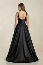 Scoop Neck A-Line Satin Maxi Wedding Dress in Black - Curvevia