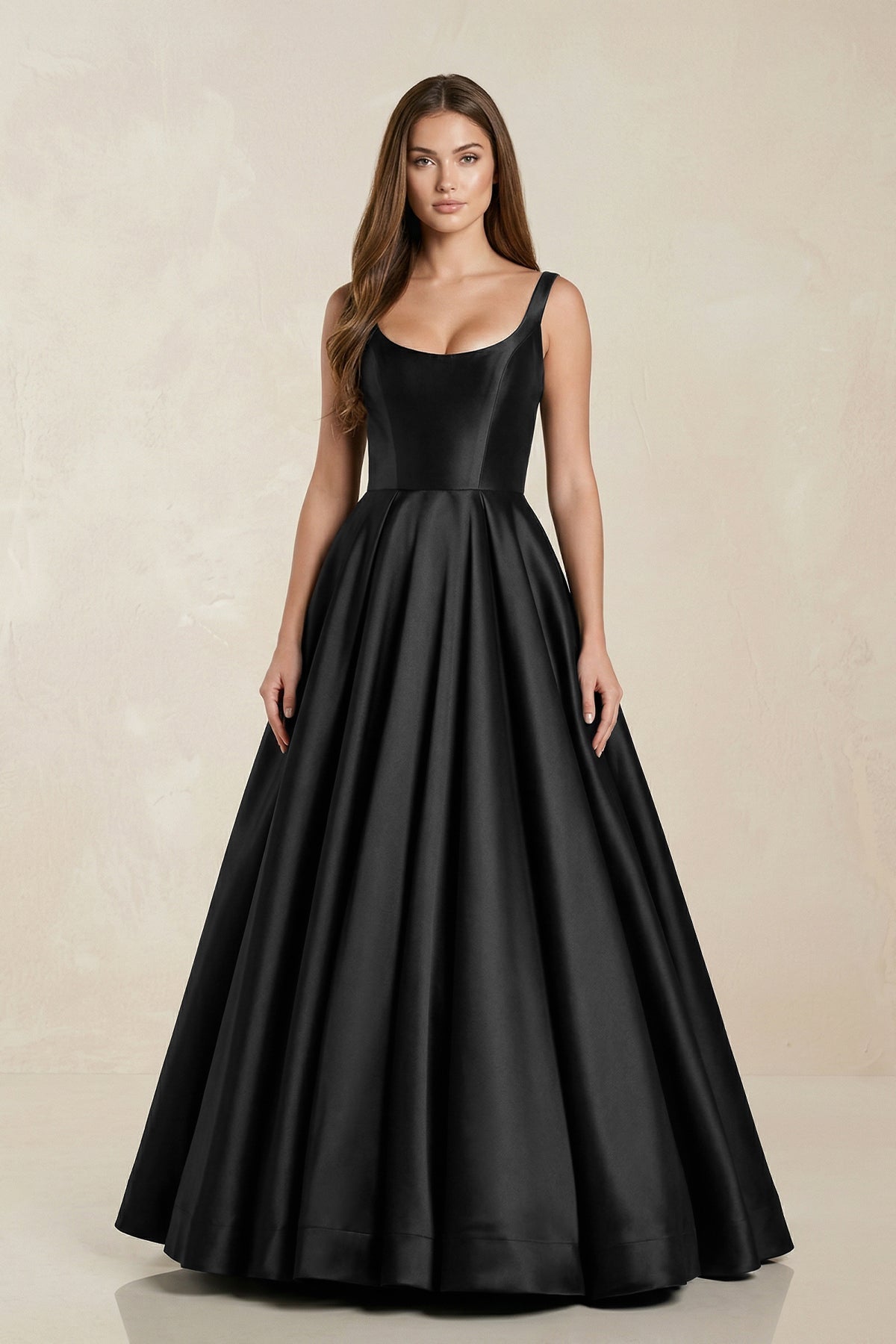 Scoop Neck A-Line Satin Maxi Wedding Dress in Black - Curvevia