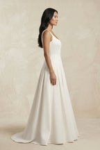 Scoop Neck Satin A-Line Pleated Wedding Dress in Ivory - Curvevia