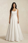 Scoop Neck Satin A-Line Pleated Wedding Dress in Ivory - Curvevia