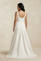 Scoop Neck Satin A-Line Pleated Wedding Dress in Ivory - Curvevia