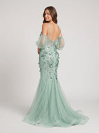 Mint Green Tulle Mermaid V-Neck Backless Floor-Length Dress with Detachable Puff Sleeves & 3D Florals - Curvevia