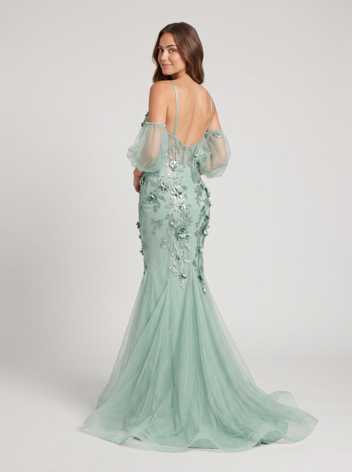 Mint Green Tulle Mermaid V-Neck Backless Floor-Length Dress with Detachable Puff Sleeves & 3D Florals - Curvevia