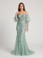 Mint Green Tulle Mermaid V-Neck Backless Floor-Length Dress with Detachable Puff Sleeves & 3D Florals - Curvevia