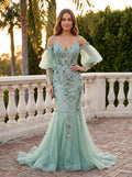 Mint Green Tulle Mermaid V-Neck Backless Floor-Length Dress with Detachable Puff Sleeves & 3D Florals - Curvevia