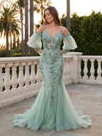Mint Green Tulle Mermaid V-Neck Backless Floor-Length Dress with Detachable Puff Sleeves & 3D Florals - Curvevia