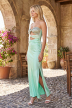 Pink - Strapless Sheath Satin Wedding Guest Dress With Cutout - Curvevia