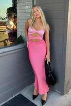 Pink - Strapless Sheath Satin Wedding Guest Dress With Cutout - Curvevia