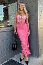 Pink - Strapless Sheath Satin Wedding Guest Dress With Cutout - Curvevia
