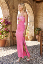 Pink - Strapless Sheath Satin Wedding Guest Dress With Cutout - Curvevia