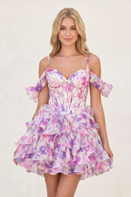 Purple - A Line Off the Shoulder Floral Ruffles Short Wedding Guest Dress - Curvevia