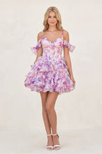 Purple - A Line Off the Shoulder Floral Ruffles Short Wedding Guest Dress - Curvevia