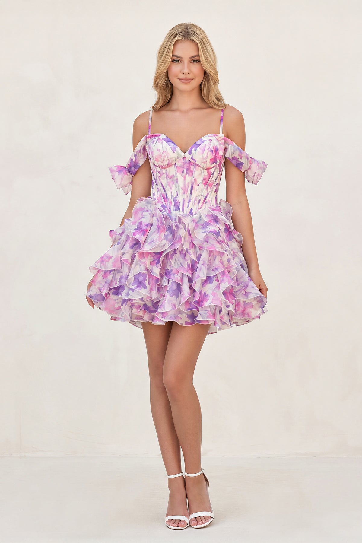 Purple - A Line Off the Shoulder Floral Ruffles Short Wedding Guest Dress - Curvevia