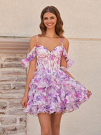 Purple - A Line Off the Shoulder Floral Ruffles Short Wedding Guest Dress - Curvevia