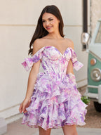 Purple - A Line Off the Shoulder Floral Ruffles Short Wedding Guest Dress - Curvevia