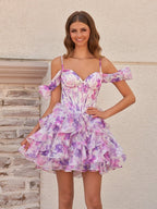Purple - A Line Off the Shoulder Floral Ruffles Short Wedding Guest Dress - Curvevia