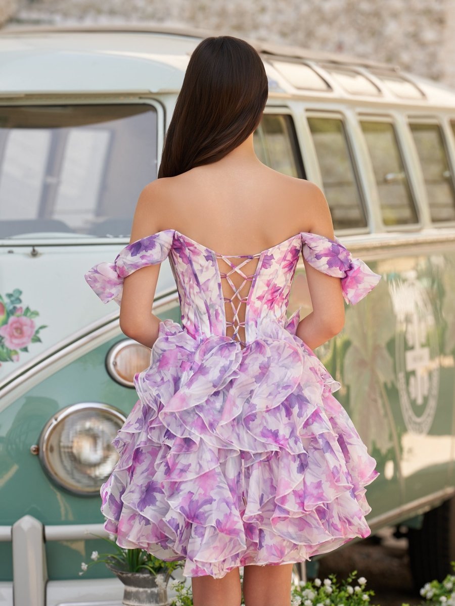 Purple - A Line Off the Shoulder Floral Ruffles Short Wedding Guest Dress - Curvevia