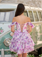Purple - A Line Off the Shoulder Floral Ruffles Short Wedding Guest Dress - Curvevia