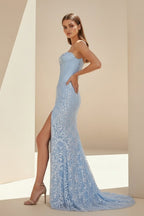 Sky Blue Sweetheart Mermaid Sequined Lace Long Evening Dress With Slit - Curvevia
