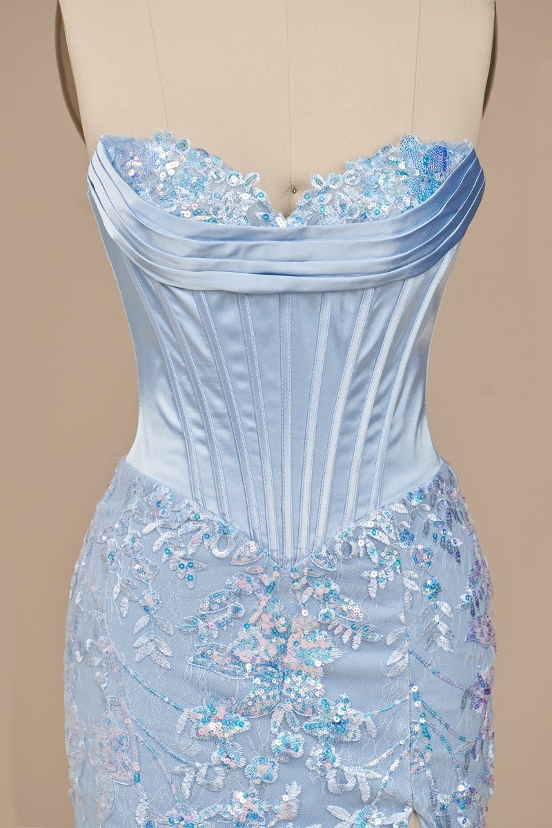 Sky Blue Sweetheart Mermaid Sequined Lace Long Evening Dress With Slit - Curvevia