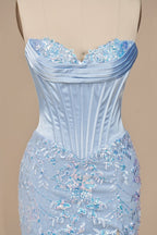 Sky Blue Sweetheart Mermaid Sequined Lace Long Evening Dress With Slit - Curvevia