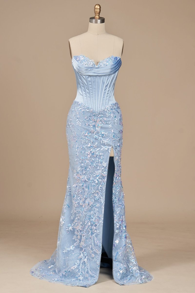 Sky Blue Sweetheart Mermaid Sequined Lace Long Evening Dress With Slit - Curvevia