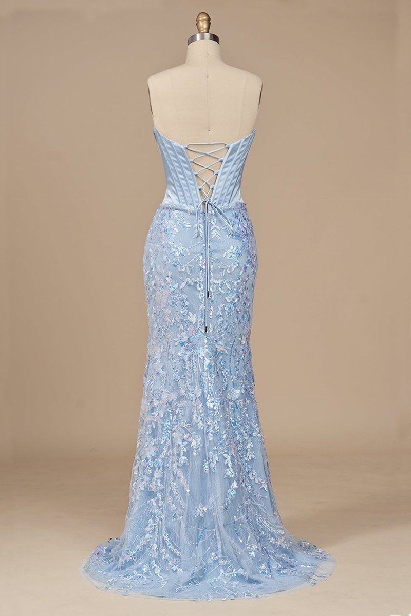 Sky Blue Sweetheart Mermaid Sequined Lace Long Evening Dress With Slit - Curvevia