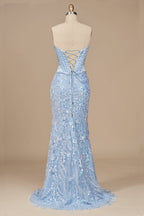 Sky Blue Sweetheart Mermaid Sequined Lace Long Evening Dress With Slit - Curvevia
