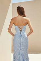 Sky Blue Sweetheart Mermaid Sequined Lace Long Evening Dress With Slit - Curvevia