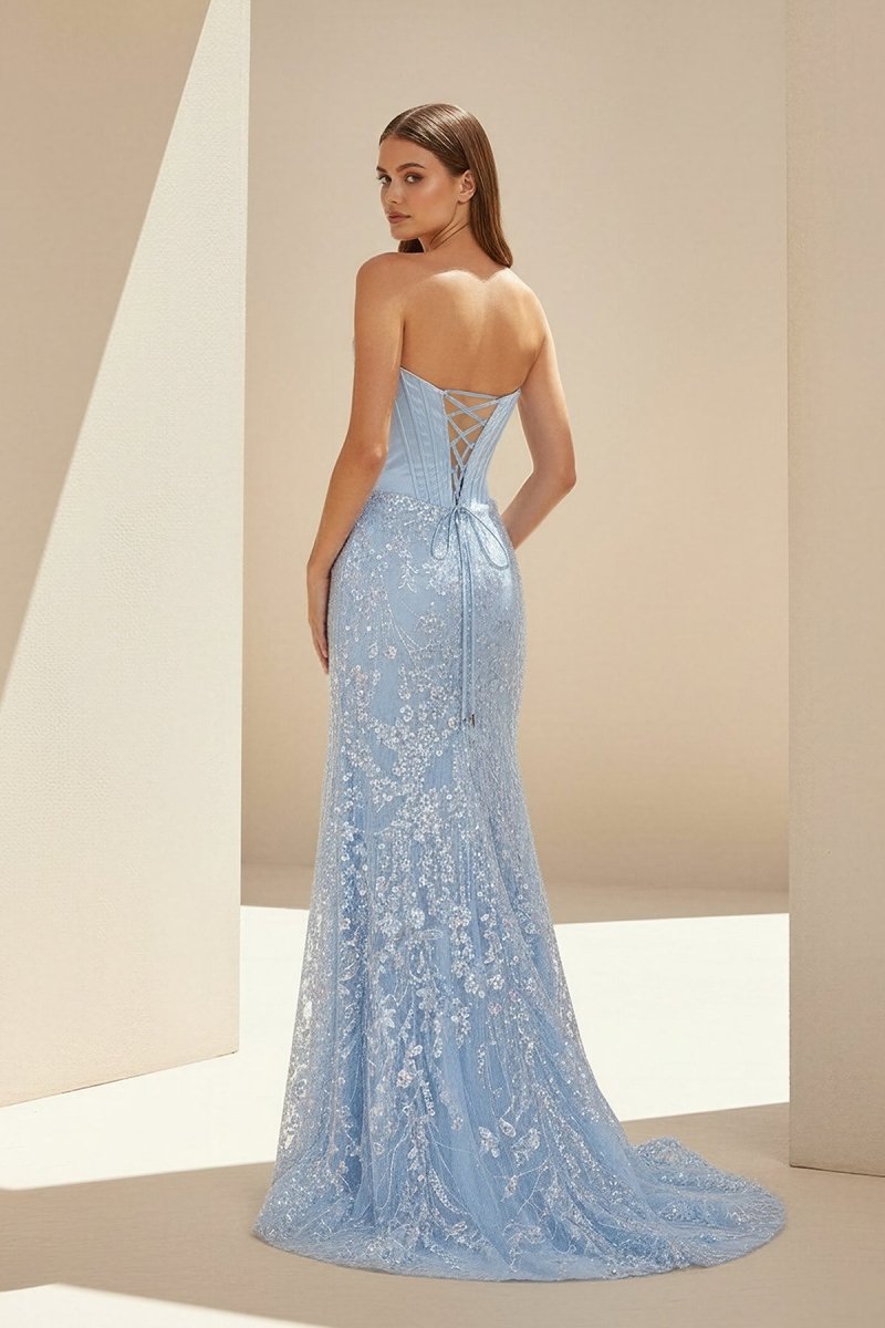Sky Blue Sweetheart Mermaid Sequined Lace Long Evening Dress With Slit - Curvevia
