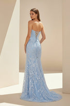 Sky Blue Sweetheart Mermaid Sequined Lace Long Evening Dress With Slit - Curvevia