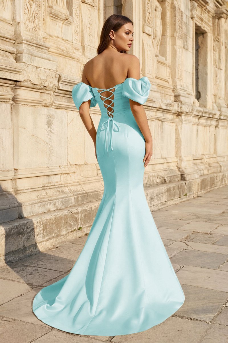 Yellow Satin Off-the-Shoulder Mermaid Pleated Long Formal Prom Dress with Sleeves - Curvevia