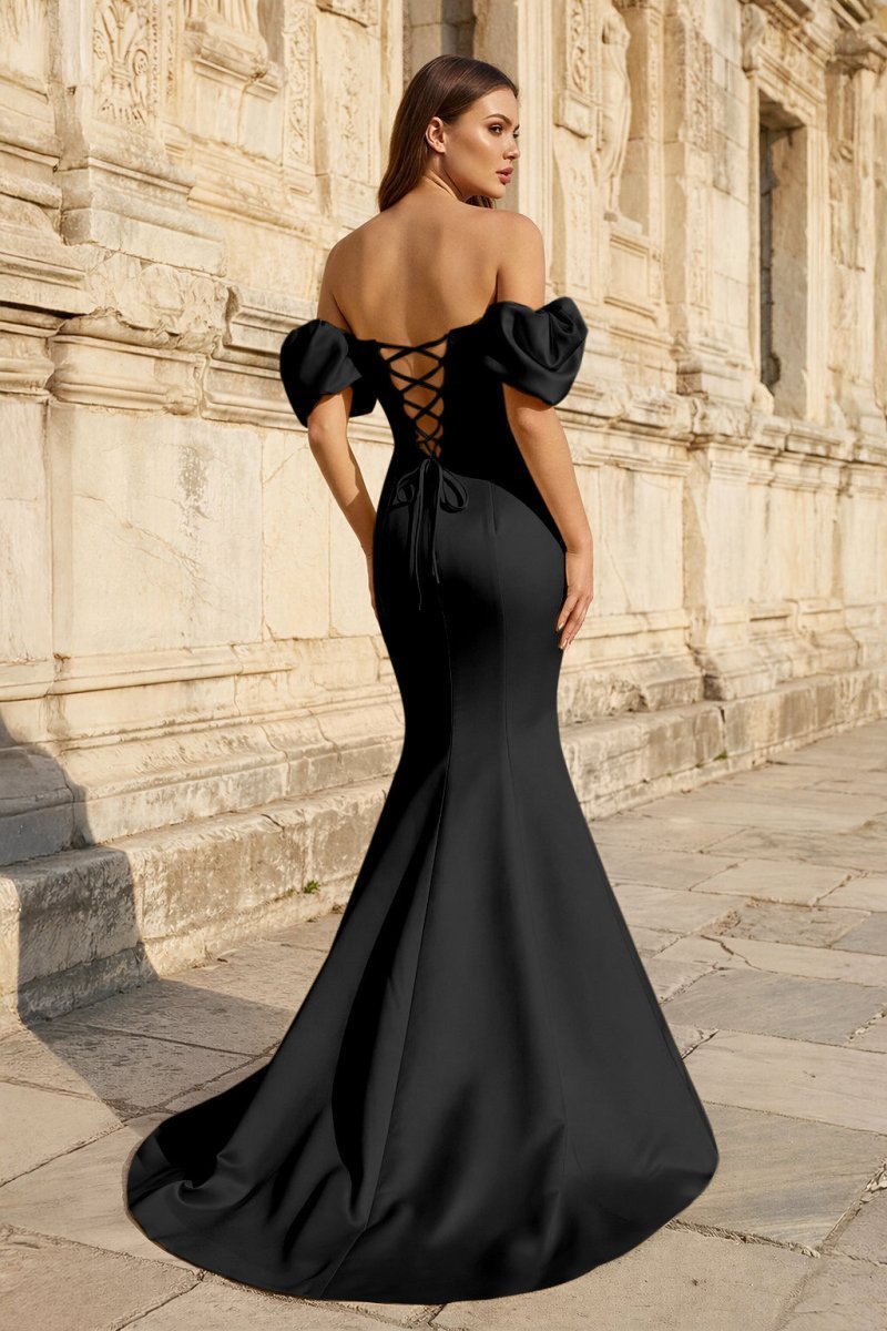 Yellow Satin Off-the-Shoulder Mermaid Pleated Long Formal Prom Dress with Sleeves - Curvevia