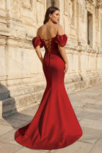 Yellow Satin Off-the-Shoulder Mermaid Pleated Long Formal Prom Dress with Sleeves - Curvevia