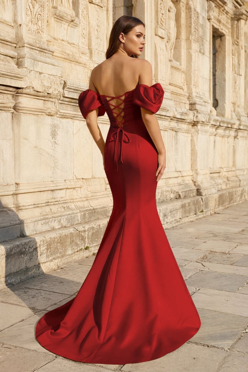 Yellow Satin Off-the-Shoulder Mermaid Pleated Long Formal Prom Dress with Sleeves - Curvevia