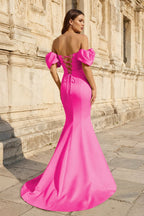 Yellow Satin Off-the-Shoulder Mermaid Pleated Long Formal Prom Dress with Sleeves - Curvevia