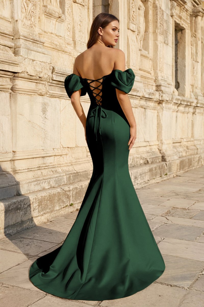 Yellow Satin Off-the-Shoulder Mermaid Pleated Long Formal Prom Dress with Sleeves - Curvevia