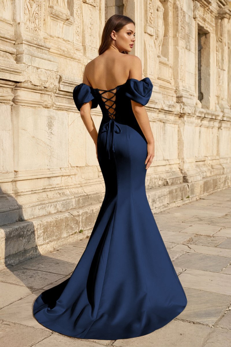 Yellow Satin Off-the-Shoulder Mermaid Pleated Long Formal Prom Dress with Sleeves - Curvevia